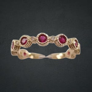 Round Cut Red Ruby Band Ring, 14k Yellow Gold Diamond Bubble Band Ring, Women's Wedding Bezel Set Ring, Matching Stacking Band Ring