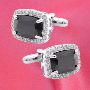 Cushion Cut Black Onyx Cufflinks, 14k White Gold  Halo Black Onyx Cufflinks, Onyx Gemstone Cufflinks for Men&#39;s, Wedding Cufflinks For Gift