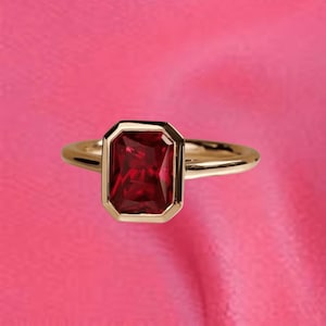 Radiant Cut Red Ruby Engagement Ring, 14k Yellow Gold Solitaire Bezel Set Ring, Single Stone Ring, Ice Crushed Birthstone Ring, Gift For Her
