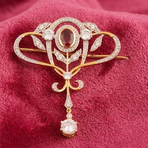 Edwardian Lavalier Bow Brooch, Oval Cut Red Ruby, 925 Sterling Silver Art Nouveau Scroll Pin, Filigree Drop Wedding Jewelry, July Birthstone
