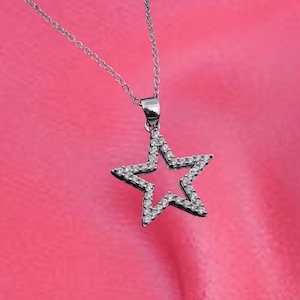 Round Cut Diamond Star Pendant , 14k White Gold Natural Certified Moissanite Star Charm Pendant, Women&#39;s Wedding Pendant, Gift For Her