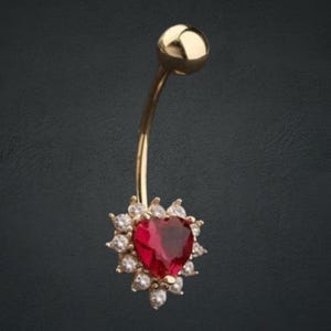 Hjärtslipad röd rubin navelring, 14k gult guld diamant navelring, kroppspiercing navelring för kvinnor, present till henne