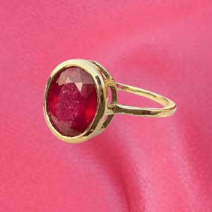 Oval Cut Red Ruby Engagement Ring, 14k Yellow Gold Solitaire Bezel Set Ring, Women's Wedding Ring, 925 Sterling Silver Ring, Gift For Her