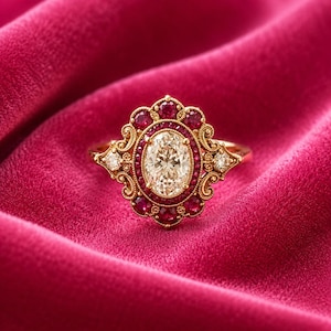 Anello di fidanzamento con moissanite ovale, anello vistoso vittoriano con alone di rubini, anello in filigrana d'oro, regalo con decorazione a corona, gioielli fatti a mano