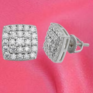 Round Cut Natural Moissanite Stud Earrings , 14k White Gold Diamond Square Shaped Screw Back Stud Earrings, Men&#39;s Wedding Cluster Earrings