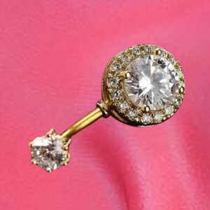 Round Cut Natural Moissanite Belly Button Ring, 14k Yellow Gold Halo Diamond Belly Button Ring, Custom Screw Design Navel Ring, Gift For Her
