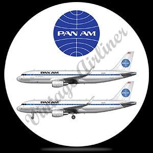May include: A circular design featuring two silver and blue Pan Am airplanes. The Pan Am logo, a blue globe, is at the top, with the text "PAN AM" below it. The words "Vintage Airliner" are in a circular pattern around the image.
