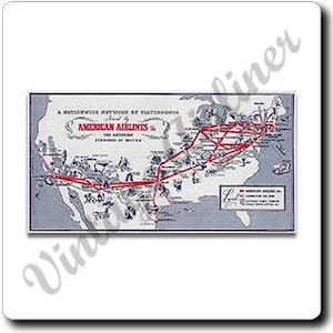 May include: Vintage map of the United States, showcasing the American Airlines nationwide network of playgrounds. The map features red flight paths connecting various cities, with illustrations of landmarks and the text "American Airlines".