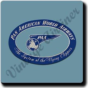 May include: A blue and white Pan American World Airways logo on a light blue background. The oval logo features the text "Pan American World Airways" and "The System of the Flying Clippers". The logo includes a globe and a stylized wing.