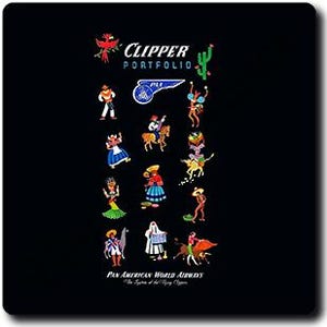 May include: Black mousepad featuring a colorful vintage travel poster design. The poster includes illustrations of people in traditional attire, a cactus, and the text "CLIPPER PORTFOLIO" and "PAN AMERICAN WORLD AIRWAYS".