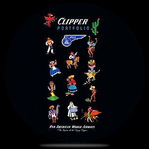 May include: A vintage Clipper Portfolio advertisement featuring colorful illustrations of people and objects. The text "Clipper Portfolio" and "Pan American World Airways" are visible. The background is black.