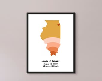 Personalized Gift ILLINOIS SUNSET Map * Custom Paper or Canvas Art * Wedding, Engagement, Anniversary, Birthday, Graduation, Housewarming