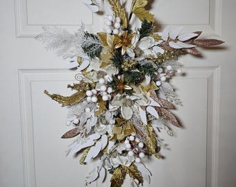 Eleganter 30-33 "Weihnachts Swag, Gold und Weißer Weihnachtstür Swag, Winter Blumendekor mit Glitzerakzenten