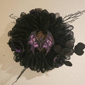Gothic Halloween Bat Wreath Black Mesh Wreath with Purple Bat and Roses Spooky Front Door Décor