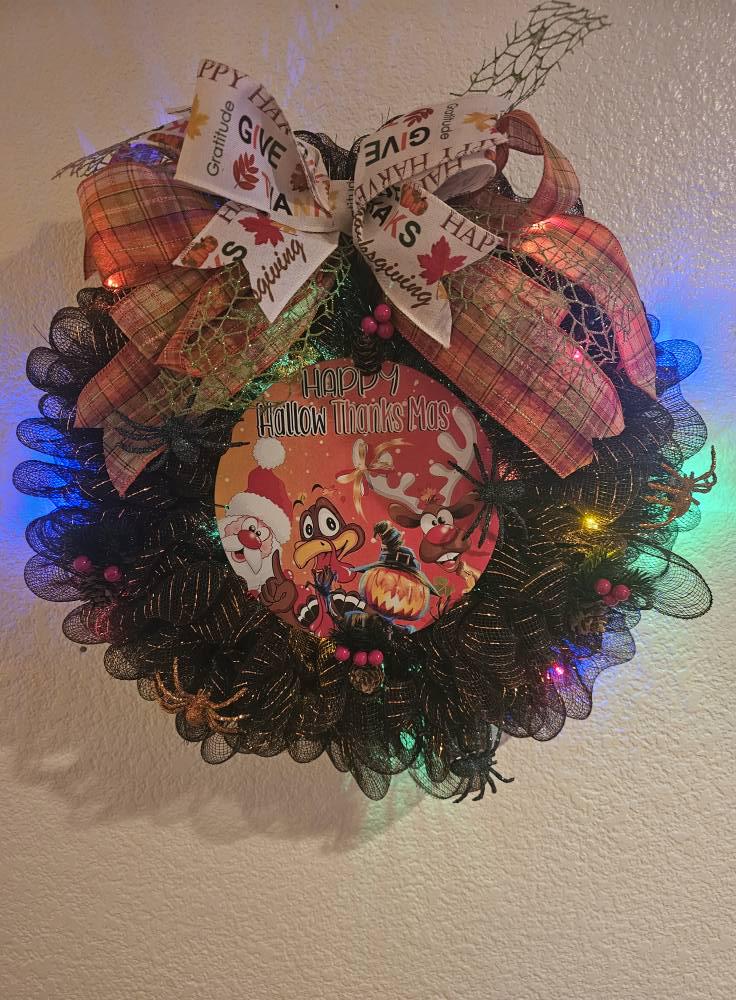 “Happy HallowThanksMas” Wreath (Halloween/Thanksgiving/Christmas)