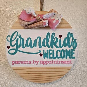 Grandkids Welcome Door Hanger | Funny Grandparent Sign with Bow | Handmade Rustic Wall & Porch Décor