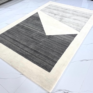 Modern Hand Tufted Rug: Charcoal Black and White Contemporary Geometric Minimalist Wool Carpet