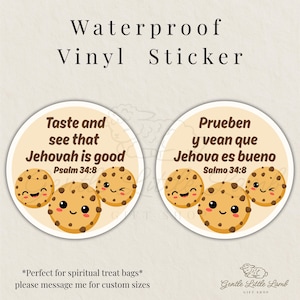 Taste and See Cookie JW Sticker Sheet – Psalm 34:8 | Spiritual Treat Bag Labels | Waterproof Glossy Stickers | English and Spanish