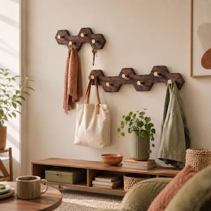 Honeycomb Wooden Wall Hooks, Hexagon Coat Rack, Walnut Brass Peg Hook Rack, Wall Mount Key Holder,Honeycomb Coat Hooks for Entryway Decor