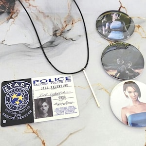 May include: A collection of Resident Evil themed items. Includes a black cord necklace with a silver bar pendant, three round pinback buttons with character images, and a police ID card with the text "S.T.A.R.S. RACCOON POLICE DEP JILL VALENTINE".