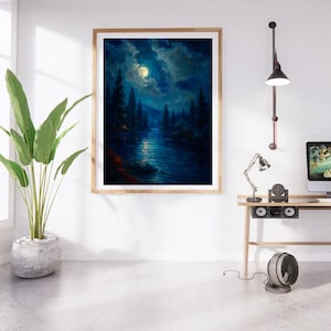 Moonlight Forest River Landscape – Digital Download | Tranquil Night Scene | Moonlit Nature Wall Art | Printable Home Decor