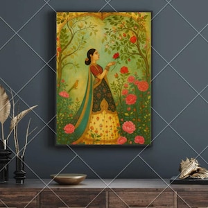Elegant Indian Woman in Garden – Mughal Style Digital Painting | Floral Wall Art | Royal Rajasthani Artwork | Printable Home Decor