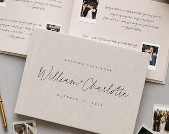 Libro de firmas de boda de lino, libro de firmas minimalista personalizado, álbum de recortes con fotos Polaroid, elegante recuerdo para recepción.