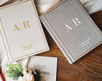 Juego de 2 cuadernos de votos de lino personalizados, dos cuadernos de votos personalizados, regalo de boda para novios, cuaderno de discursos de lujo, regalo de compromiso