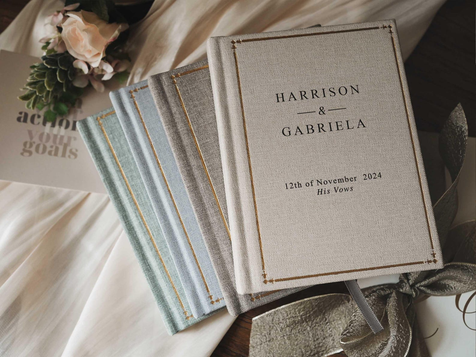 Personalized Two Vow Books, Linen Cover Vow Books, Wedding Gift for Bride Groom, Luxury Speech Notebook, Engagement Gift, Romantic Ceremony - Black & Gold Edge, White & Gold Edge