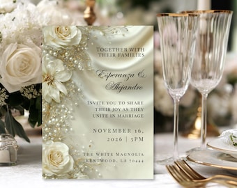Luxury Satin & Pearl Wedding Invitation | Glamorous Bridal Invitation Template | Editable Canva Design