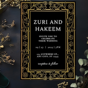 Black & Gold Wedding Invitation and RSVP Cards Template | Luxe Formal Canva Invite