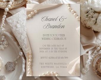 Minimal Pearl Wedding Invitation Template | Modern Elegant Bridal Suite | Editable Canva Invitation