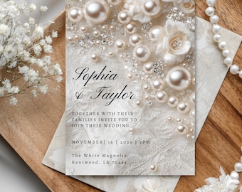 Romantic Pearl Wedding Invitation | Whimsical Elegant Wedding Template | Canva Editable Invite