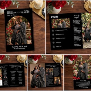 May include: A wedding program titled "The Jackson Love Story" with a photo of a couple. The program is black with white text and includes the date, "Saturday, July 18, 2026," and the venue, "The Glass Garden Estate."