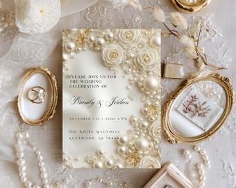 Pearl Floral Wedding Invitation Template | Luxury Glam Canva Bridal Invite