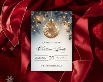 Może przedstawiać: Zaproszenie na przyjęcie bożonarodzeniowe z ilustracją złotego ornamentu na niebiesko-białym tle. Tekst zaproszenia brzmi "YOU ARE INVITED TO A Christmas Party" ze szczegółami wydarzenia. Czerwona wstążka.