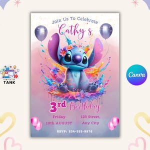 Puede incluir: Una invitación de cumpleaños con un personaje de dibujos animados azul, con orejas grandes y salpicaduras de pintura coloridas. La invitación incluye el texto "Join Us To Celebrate Cathy's 3rd Birthday" con los detalles del evento y la información RSVP.