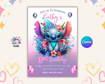 Editable Stitch Birthday Invitation Template | Canva | 5x7 Inches | Digital Download