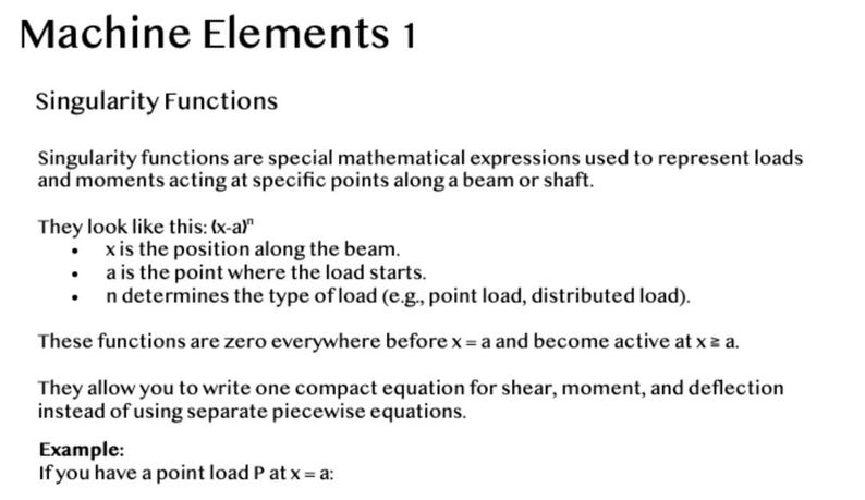 K&ouml;nnte beinhalten: Eine wei&szlig;e Pr&auml;sentationsfolie mit der &Uuml;berschrift "Maschinenelemente 1" und dem Untertitel "Singularit&auml;tsfunktionen". Der Text erkl&auml;rt Singularit&auml;tsfunktionen, ihre Verwendung zur Darstellung von Lasten und Momenten und liefert ein Beispiel.