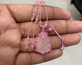 Rose Quartz Macrame Necklace, Pink Gemstone Pendant, Adjustable Boho Jewelry