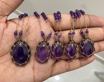 Handmade Amethyst Macrame Necklace, Boho Healing Crystal Pendant