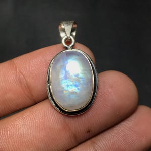 Natural Handmade Rainbow Moonstone Oval Gemstone Brass Pendant | With Silver Polish | P-298