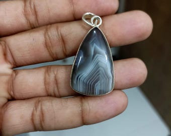 Handmade Botswana Agate Pendant, 925 Sterling Silver Boho Jewelry