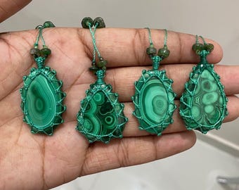 Green Malachite Gemstone Macrame Necklace - Handmade Boho Pendant