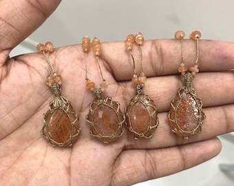Handmade Sunstone Macrame Necklace, Boho Crystal Pendant