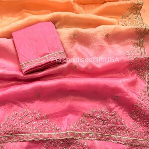 Sari Pure Gold Crush, bordado de lentejuelas, trabajo de hilo zari dorado, borde calado y sari para bodas.