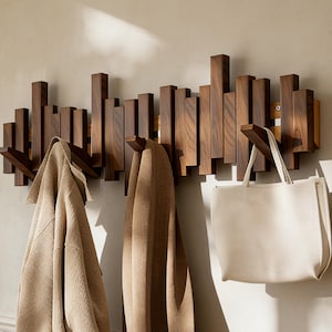 Solidny wieszak na ubrania w kształcie fortepianu z litego drewna, drewniane wieszaki na ubrania, rustykalny wieszak ścienny na ręczniki i kapelusze w stylu mid-century modern, minimalistyczny organizer do przechowywania