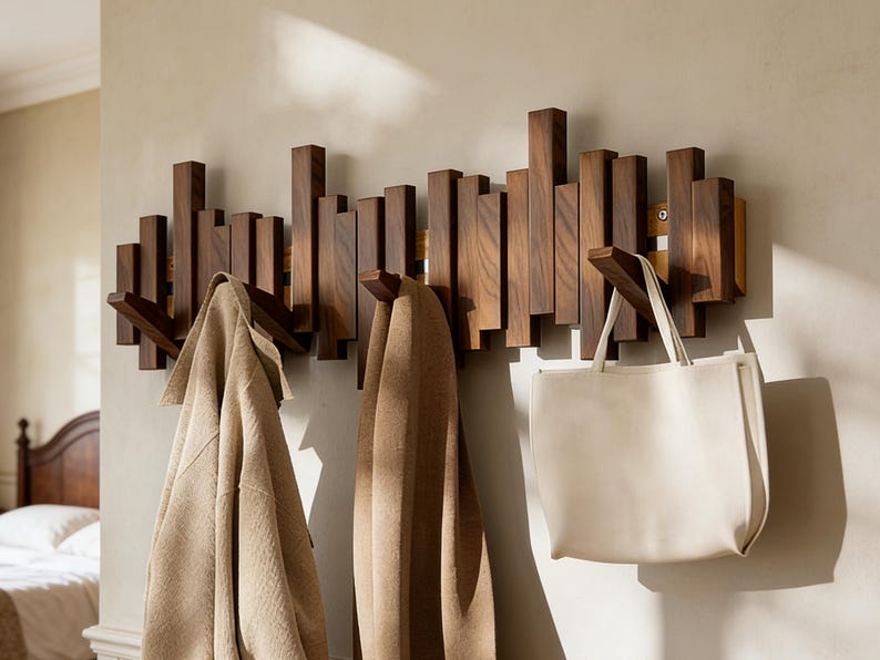 Solid Wood Piano Coat Rack, Wooden Coat Hooks, Rustic Mid Century ...