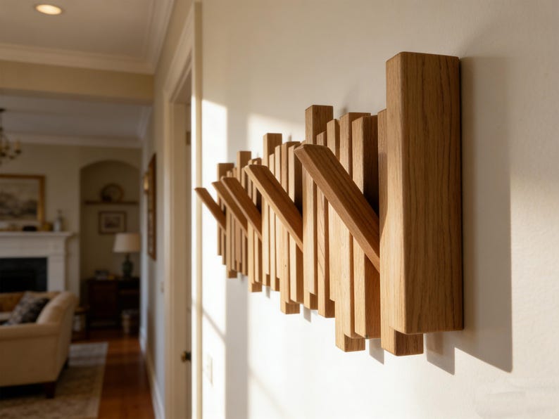 Solid Wood Piano Coat Rack, Wooden Coat Hooks, Rustic Mid Century ...