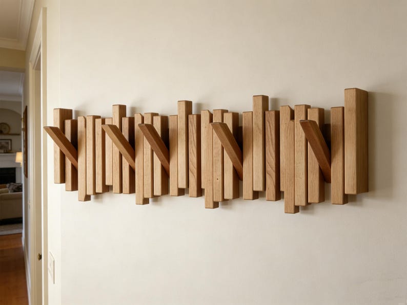 Solid Wood Piano Coat Rack, Wooden Coat Hooks, Rustic Mid Century ...